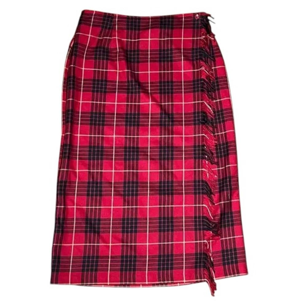 REQUIREMENTS Red Tartan Plaid Wrap Skirt Size 14 Side Fringe Detail